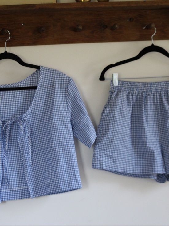 Tops - Gingham Blue Cotton Top and Shorts Set
